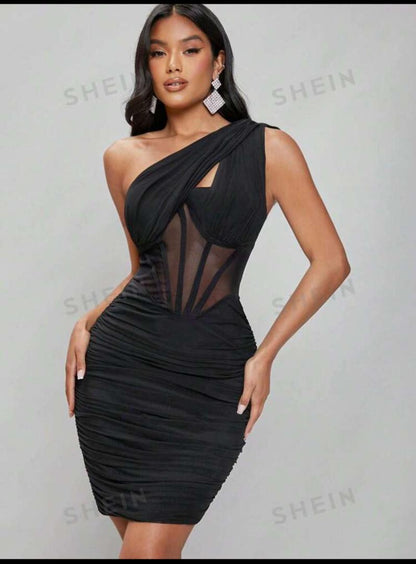 L'Amorae One Shoulder Bustier Ruched Dress For Summer