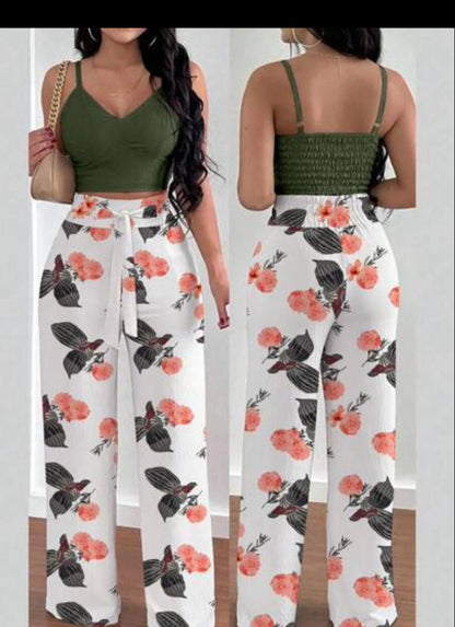 LUNE 2pcs/Set Women Floral Print Spaghetti Strap Backless Crop Top And Wide Leg Pants With Elastic Waist