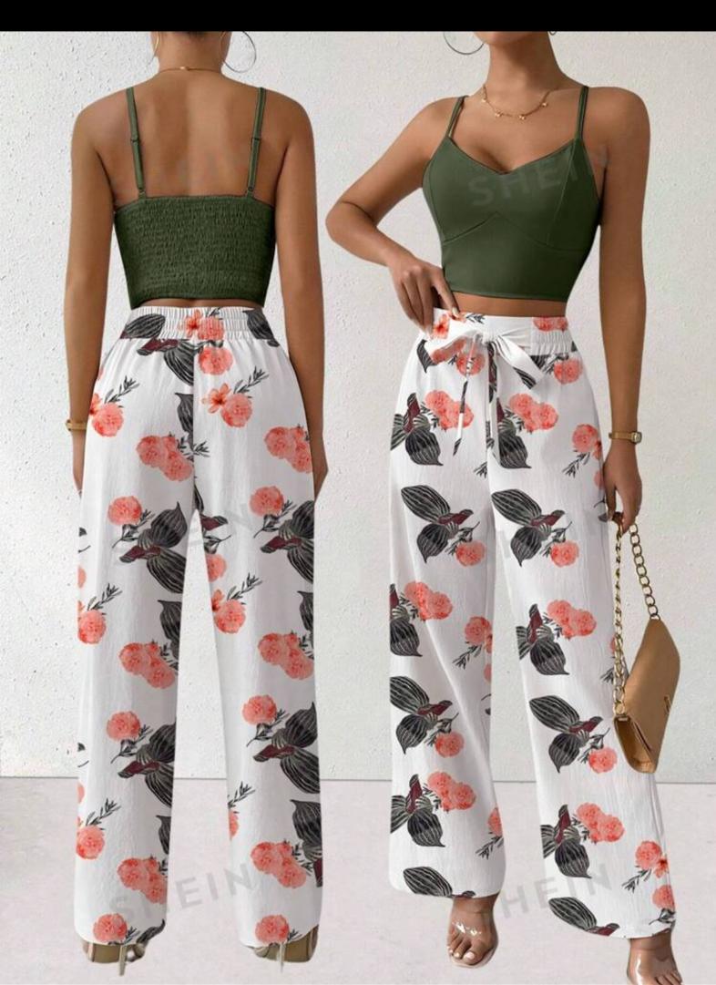 LUNE 2pcs/Set Women Floral Print Spaghetti Strap Backless Crop Top And Wide Leg Pants With Elastic Waist