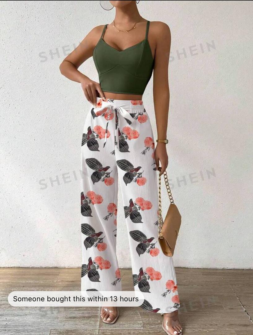 LUNE 2pcs/Set Women Floral Print Spaghetti Strap Backless Crop Top And Wide Leg Pants With Elastic Waist