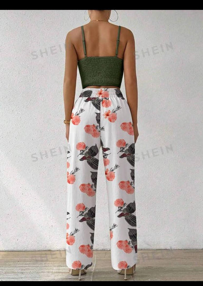 LUNE 2pcs/Set Women Floral Print Spaghetti Strap Backless Crop Top And Wide Leg Pants With Elastic Waist