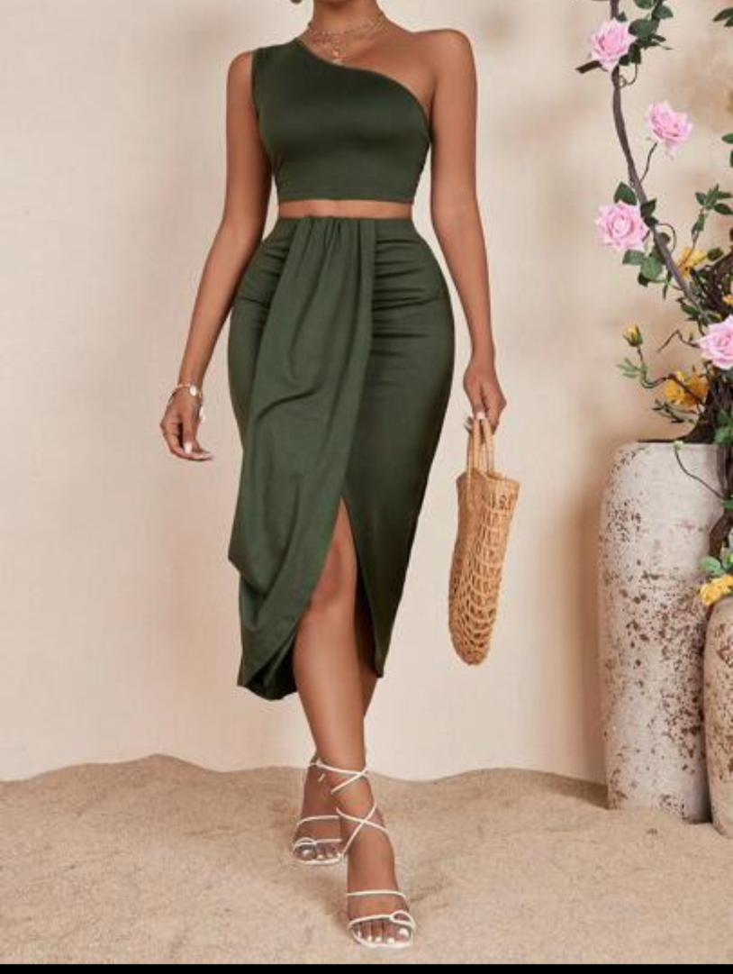 VCAY One Shoulder Slim Fit Vest & Press Pleated High Slit Skirt Set, Suitable For Vacation Style