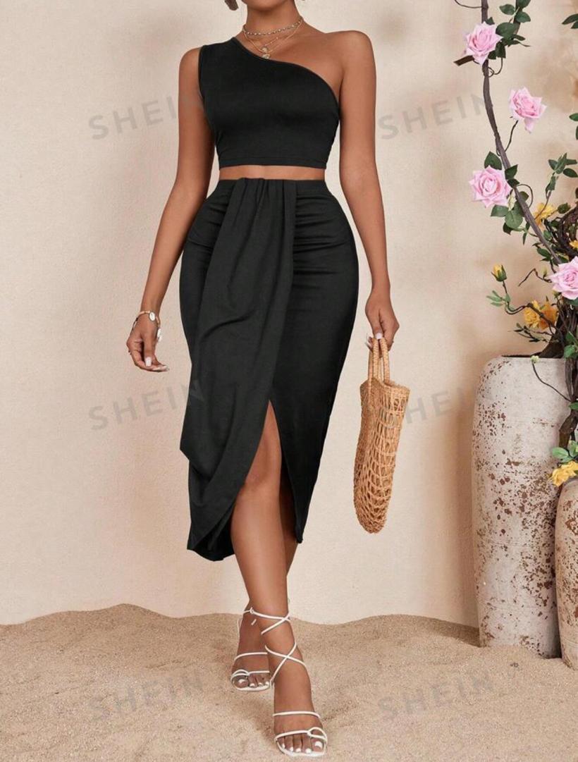 VCAY One Shoulder Slim Fit Vest & Press Pleated High Slit Skirt Set, Suitable For Vacation Style