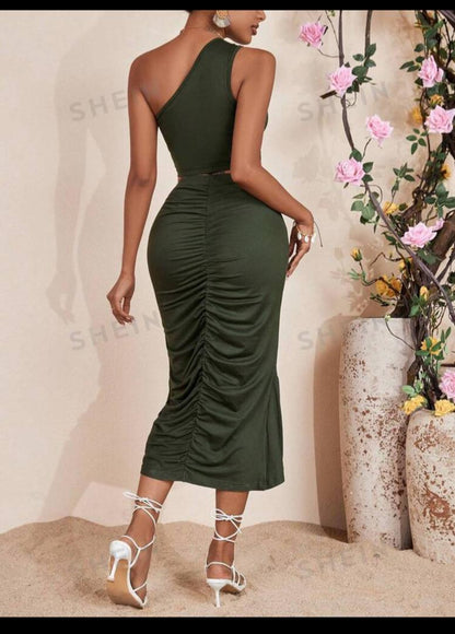 VCAY One Shoulder Slim Fit Vest & Press Pleated High Slit Skirt Set, Suitable For Vacation Style