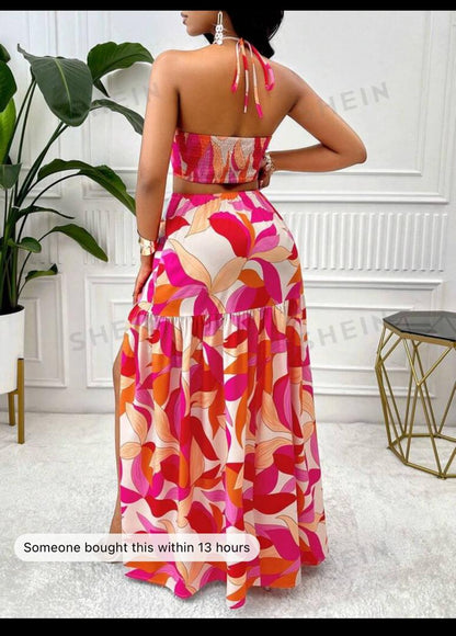 Slayr Tropical Plants Printed Halter Neck Slit Hem Holiday Dress (Random Flower Pattern)