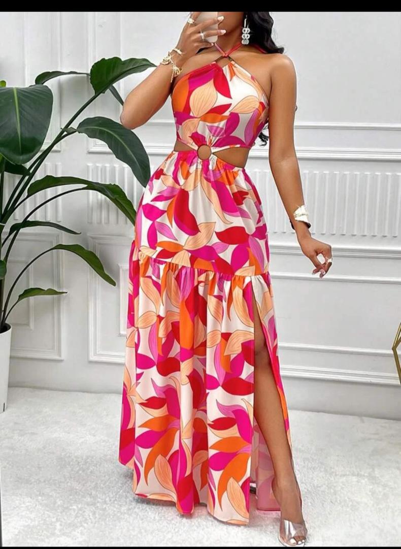 Slayr Tropical Plants Printed Halter Neck Slit Hem Holiday Dress (Random Flower Pattern)