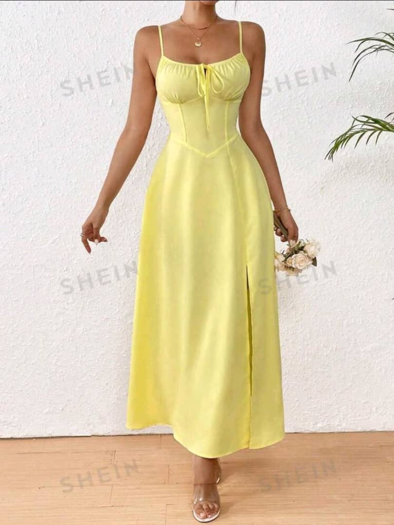 Solid Color High Split Casual Vacation Spaghetti Strap Midi Dress