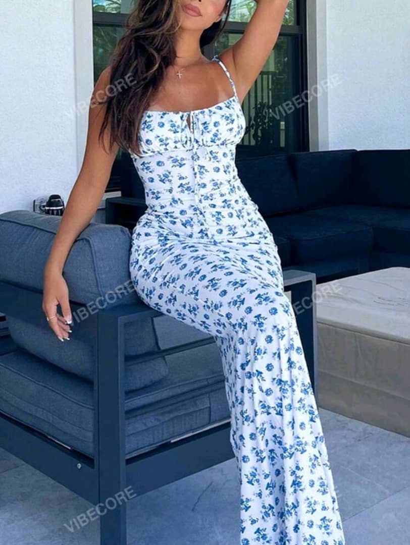 Women Floral Print Halter Neck Tie Waist Vacation Dress With Mermaid Hem For Spring/Summer