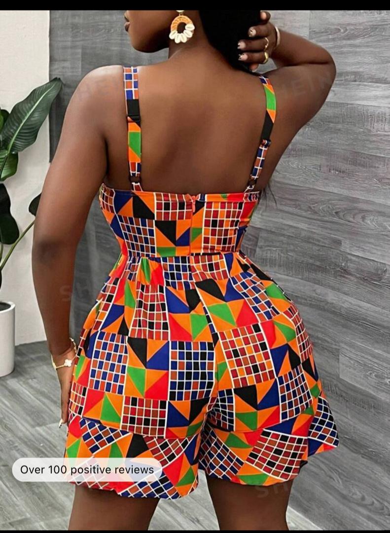 Slayr Summer Casual Holiday Sling Deep V-Neck Wide-Leg Shorts Colorful Color Block Stitching All-Over Printed Women's Jumpsuit