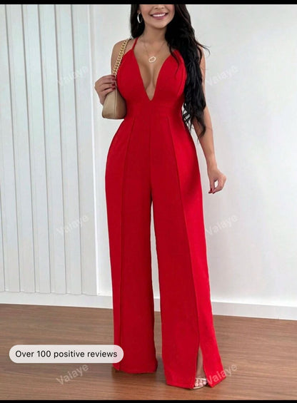 Women Fashionable Solid Color Deep V Neck Jumpsuit With Spaghetti Straps