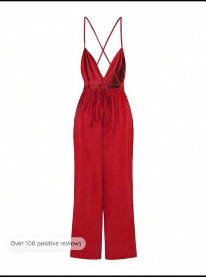 Women Fashionable Solid Color Deep V Neck Jumpsuit With Spaghetti Straps