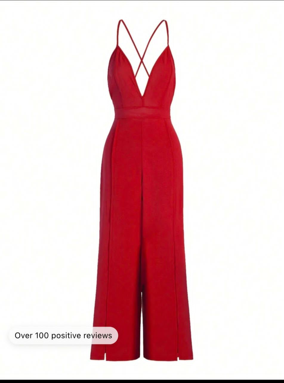 Women Fashionable Solid Color Deep V Neck Jumpsuit With Spaghetti Straps