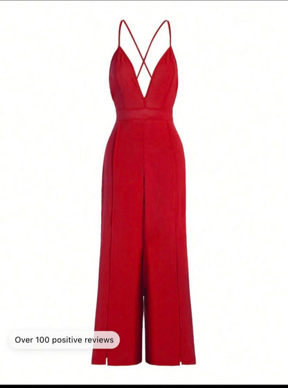 Women Fashionable Solid Color Deep V Neck Jumpsuit With Spaghetti Straps