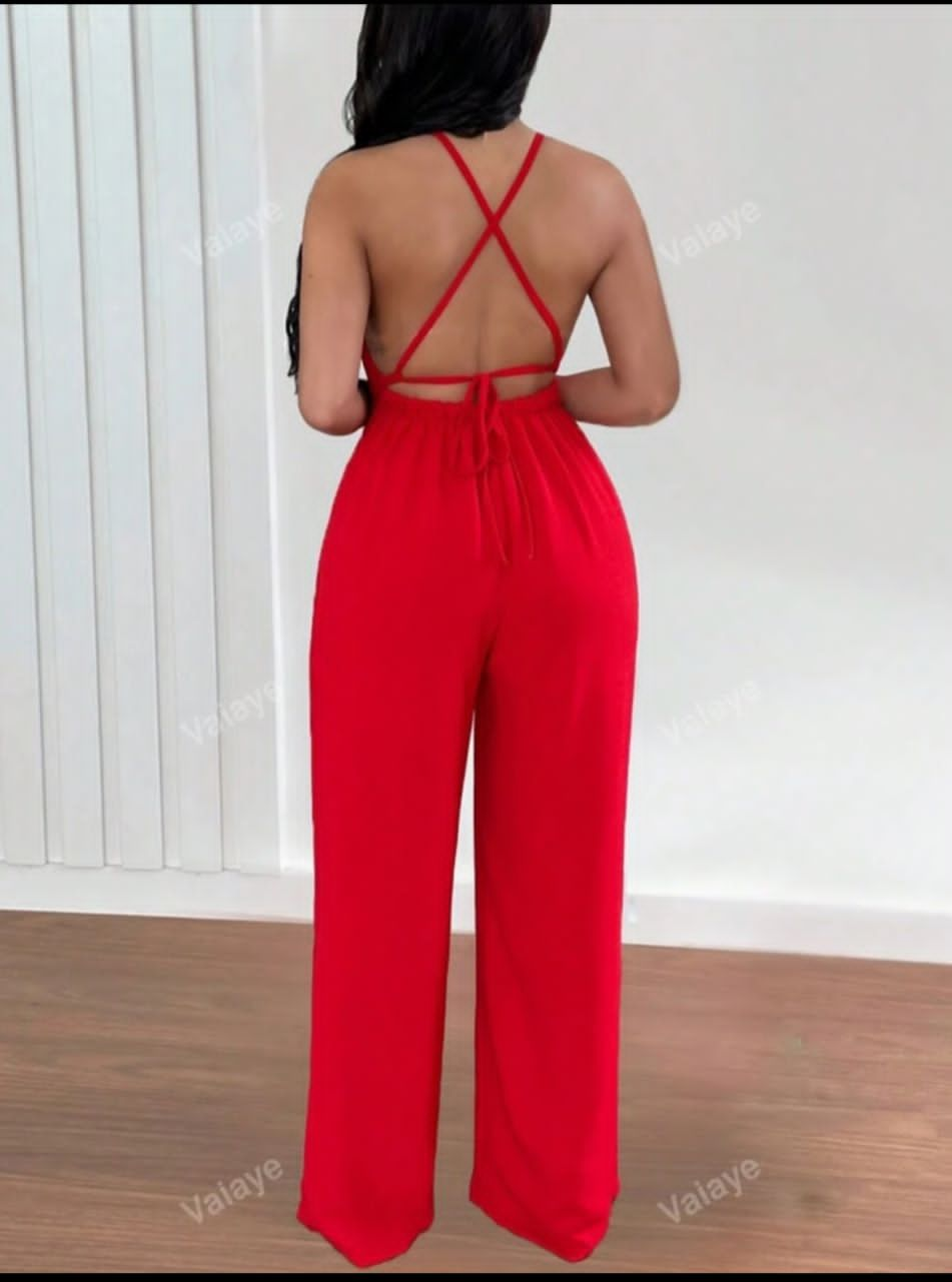 Women Fashionable Solid Color Deep V Neck Jumpsuit With Spaghetti Straps