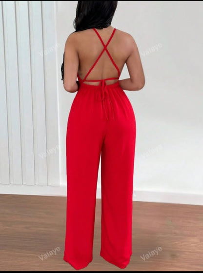 Women Fashionable Solid Color Deep V Neck Jumpsuit With Spaghetti Straps