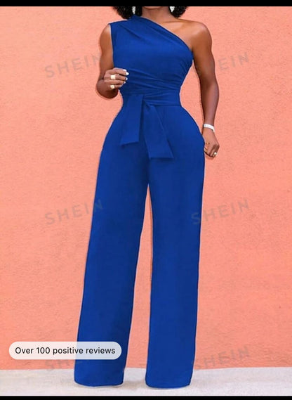 Slayr Women's Elegant Summer Blue One Shoulder Belted Pleated Ruched Straight Jumpsuit