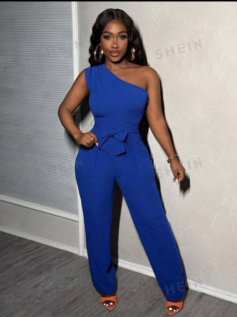 Slayr Women's Elegant Summer Blue One Shoulder Belted Pleated Ruched Straight Jumpsuit