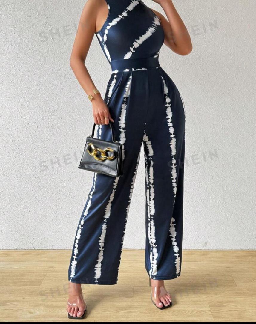 Essnce Asymmetrical Knitted Striped Printed Sleeveless Wide Leg Jumpsuit For Women In Summer