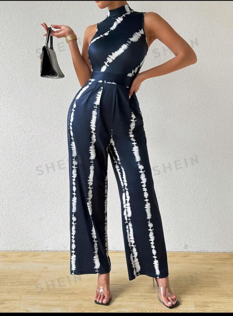 Essnce Asymmetrical Knitted Striped Printed Sleeveless Wide Leg Jumpsuit For Women In Summer