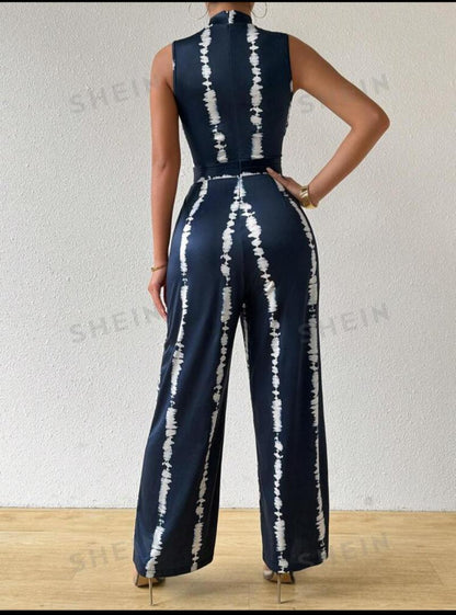 Essnce Asymmetrical Knitted Striped Printed Sleeveless Wide Leg Jumpsuit For Women In Summer