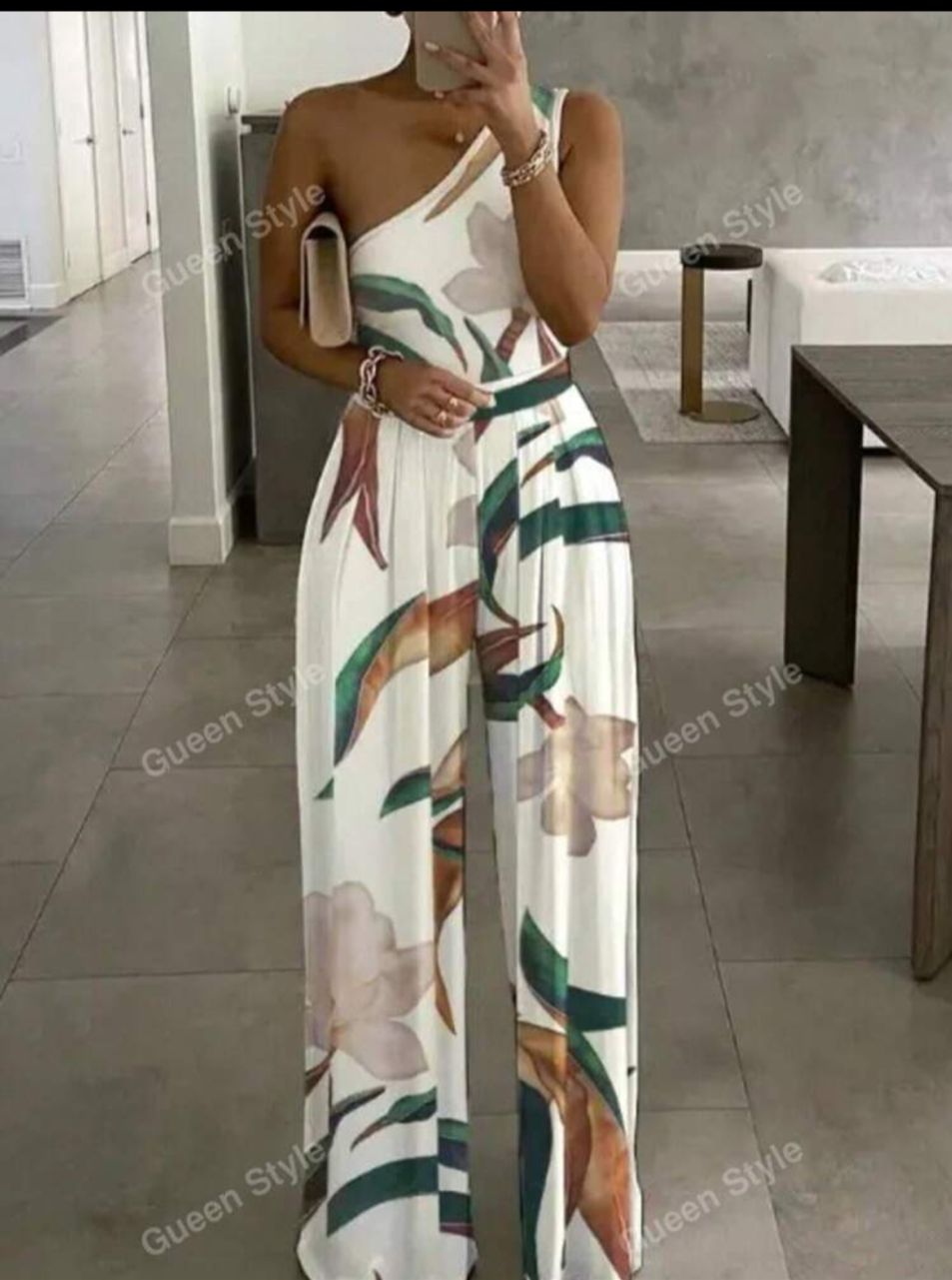 Elegant And Versatile One-Shoulder Flower Printed Wide-Leg Jumpsuit For Summer Commute