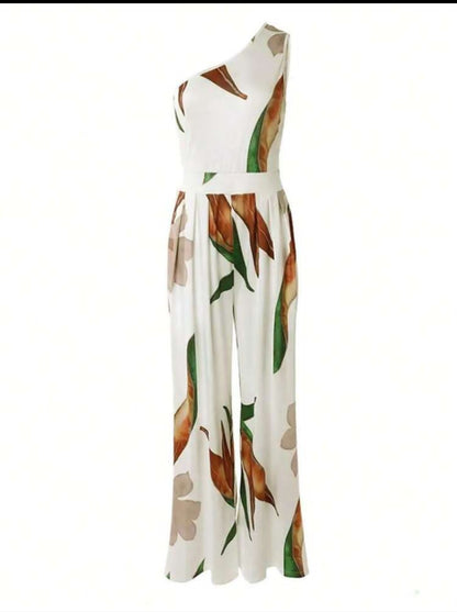 Elegant And Versatile One-Shoulder Flower Printed Wide-Leg Jumpsuit For Summer Commute