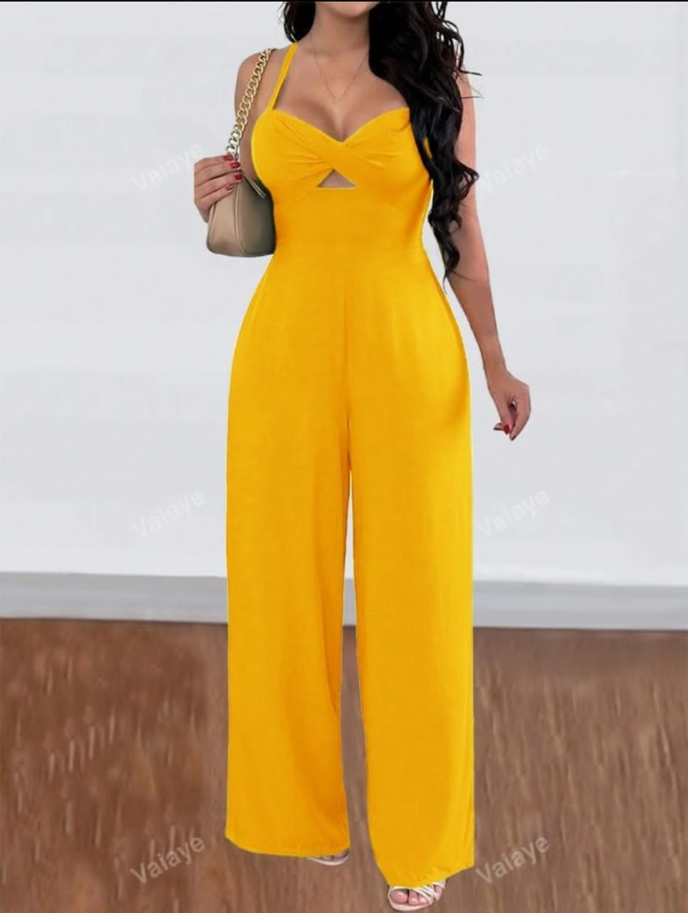 Women Summer Solid Color Hollow Out Chest Twist Knot Wide Leg Elegant Jumpsuit With Strap