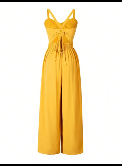 Women Summer Solid Color Hollow Out Chest Twist Knot Wide Leg Elegant Jumpsuit With Strap