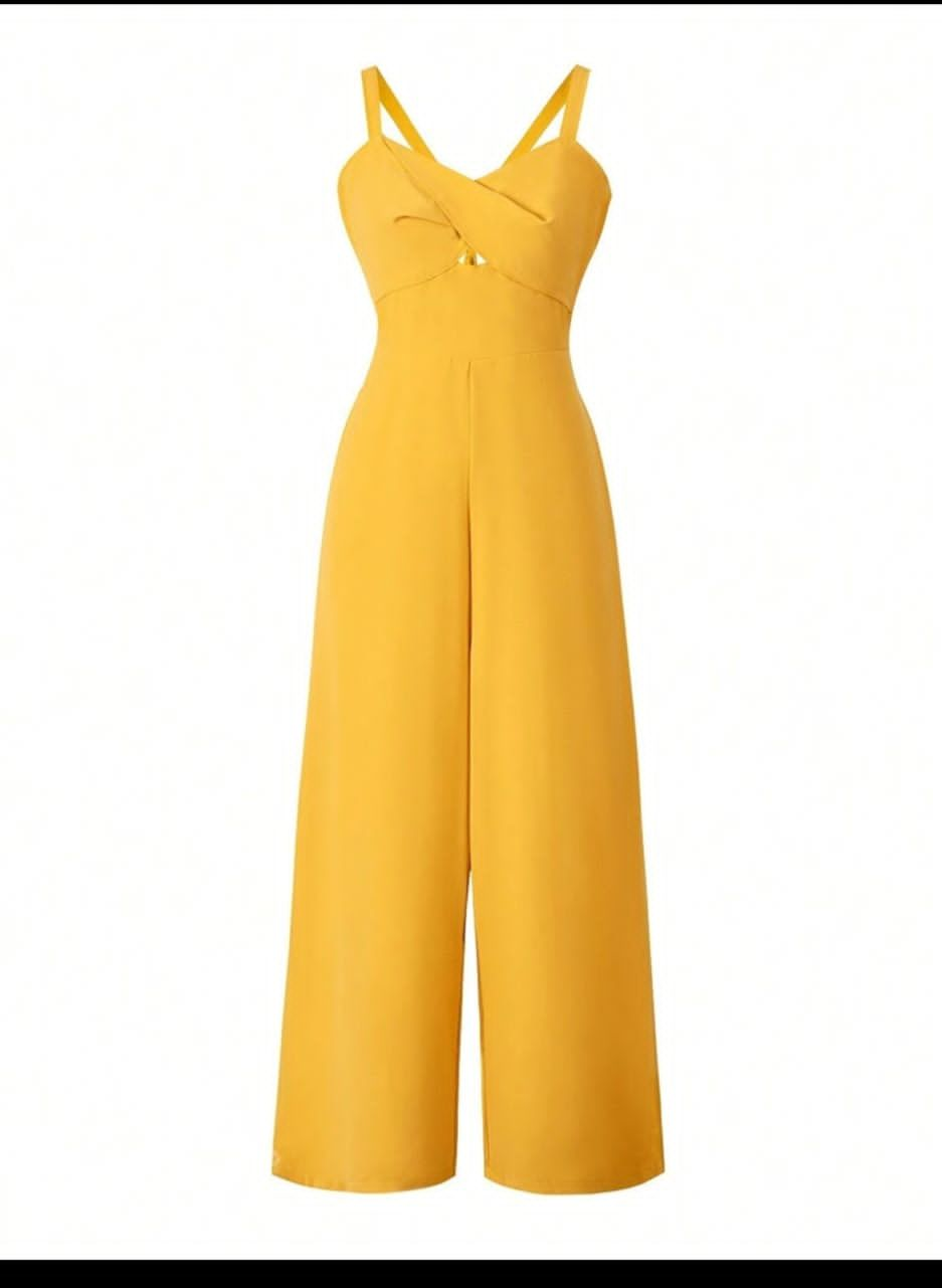 Women Summer Solid Color Hollow Out Chest Twist Knot Wide Leg Elegant Jumpsuit With Strap