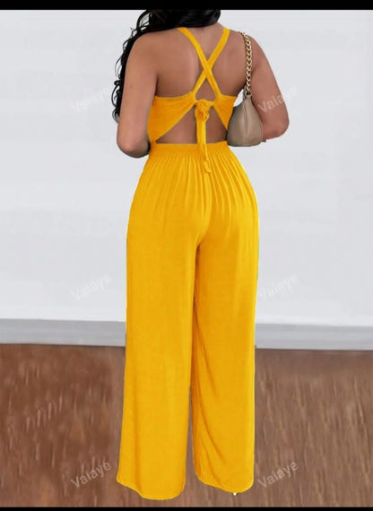 Women Summer Solid Color Hollow Out Chest Twist Knot Wide Leg Elegant Jumpsuit With Strap