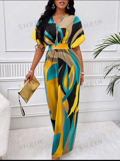 Lady Graphic Print Batwing Sleeve Belted Jumpsuit With Random Pattern