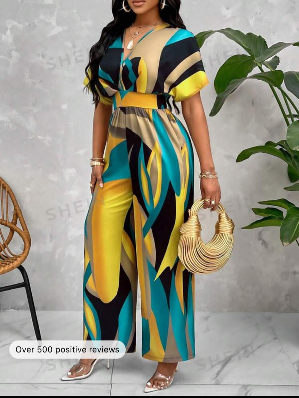 Lady Graphic Print Batwing Sleeve Belted Jumpsuit With Random Pattern