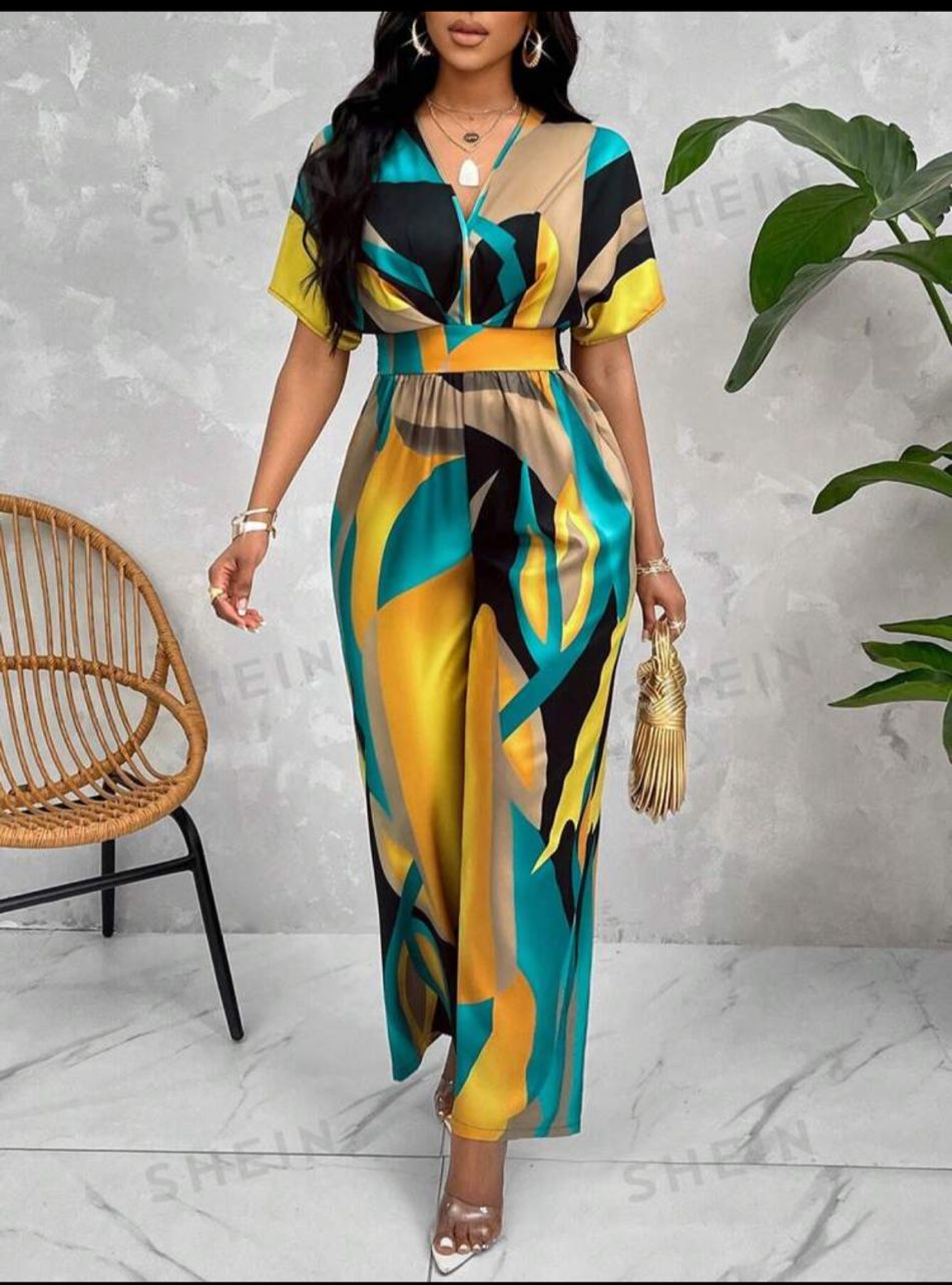 Lady Graphic Print Batwing Sleeve Belted Jumpsuit With Random Pattern