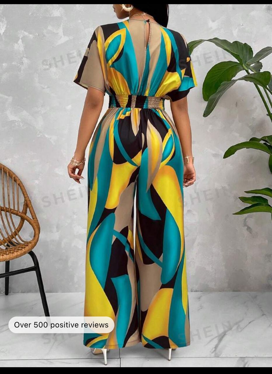 Lady Graphic Print Batwing Sleeve Belted Jumpsuit With Random Pattern