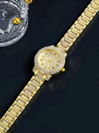 Fashionable Women Roman Numerals Full Rhinestone Circle Bracelet Watch, Full Rhinestone Silver-Tone Double Strand Bracelet Watch, 2pcs/Set Watch And Bracelet Combo