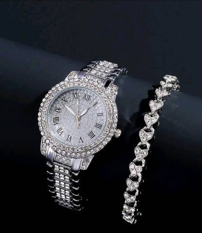 Fashionable Women Roman Numerals Full Rhinestone Circle Bracelet Watch, Full Rhinestone Silver-Tone Double Strand Bracelet Watch, 2pcs/Set Watch And Bracelet Combo