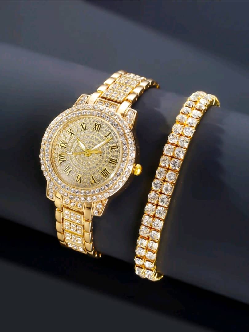 Fashionable Women Roman Numerals Full Rhinestone Circle Bracelet Watch, Full Rhinestone Silver-Tone Double Strand Bracelet Watch, 2pcs/Set Watch And Bracelet Combo