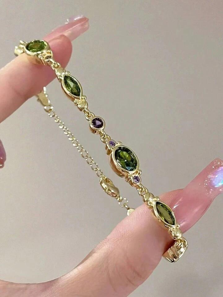 1pc Green Crystal & Cubic Zirconia Bracelet, Unique Luxury High-End Personalized Vintage Hand Ornament For Women