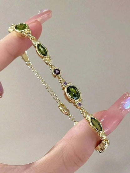 1pc Green Crystal & Cubic Zirconia Bracelet, Unique Luxury High-End Personalized Vintage Hand Ornament For Women