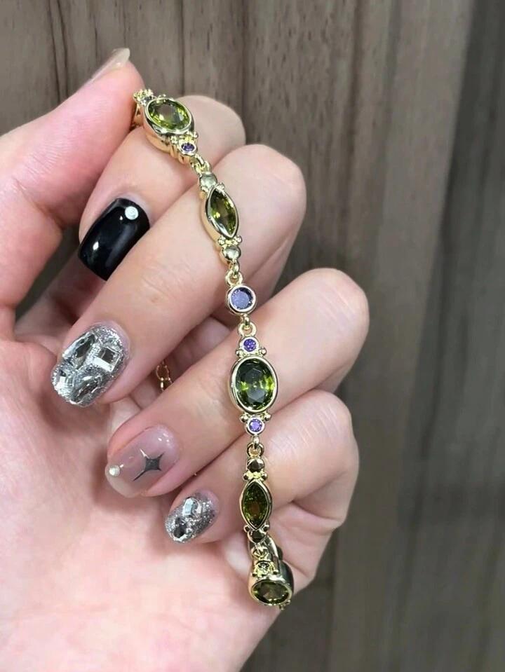 1pc Green Crystal & Cubic Zirconia Bracelet, Unique Luxury High-End Personalized Vintage Hand Ornament For Women