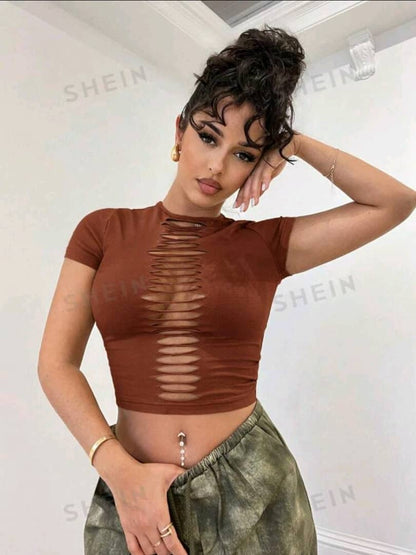 Solid Color Cut-Out Hole Distressed Tight Khaki Top, Spring/Summer Clothes, Music Festival Outfit, Concert Outfit, Daily Streetwear, Versatile Country Style Clothing