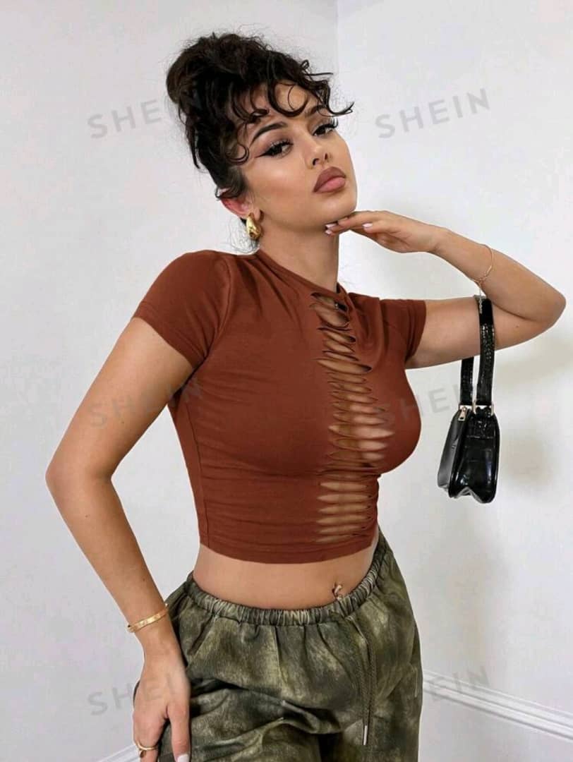 Solid Color Cut-Out Hole Distressed Tight Khaki Top, Spring/Summer Clothes, Music Festival Outfit, Concert Outfit, Daily Streetwear, Versatile Country Style Clothing