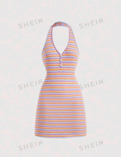 Striped Print Button Front Halter Neck Backless Dress