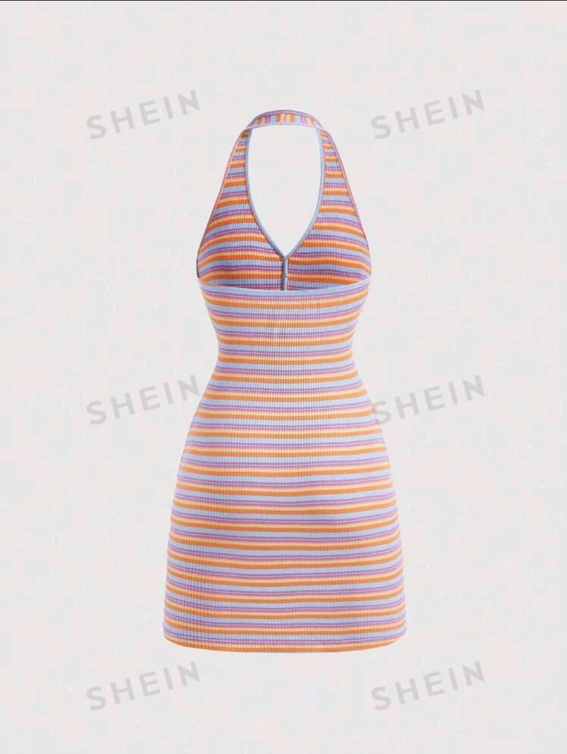 Striped Print Button Front Halter Neck Backless Dress