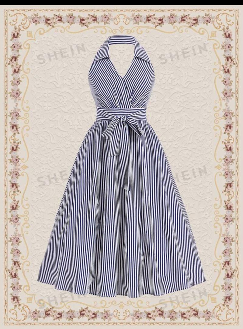 Vintage Striped Halter Neck Vacation Dress For Spring Summer Spring Outfits Easter Dress Easter Dress Beach Women Outfits Summer Clothes  Off Shoulder Dress Blue Dress Long Dress