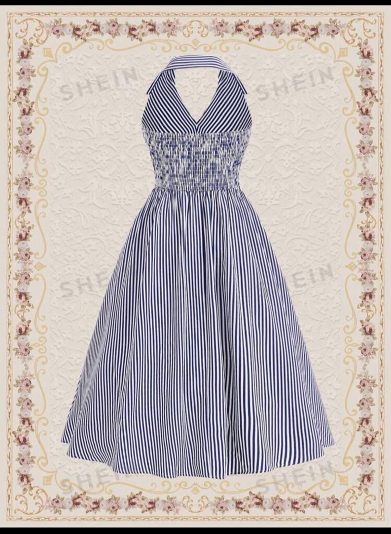 Vintage Striped Halter Neck Vacation Dress For Spring Summer Spring Outfits Easter Dress Easter Dress Beach Women Outfits Summer Clothes  Off Shoulder Dress Blue Dress Long Dress