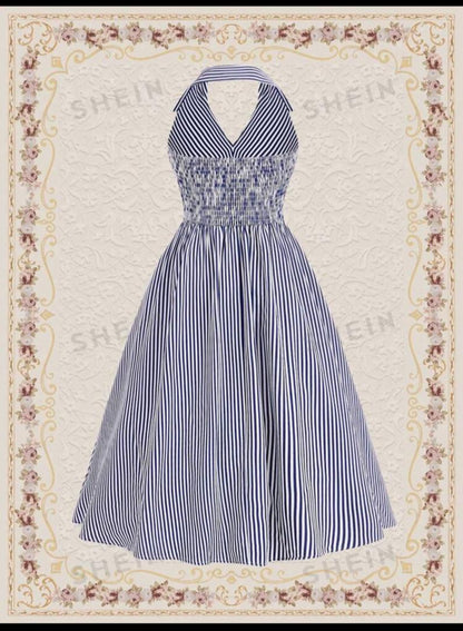 Vintage Striped Halter Neck Vacation Dress For Spring Summer Spring Outfits Easter Dress Easter Dress Beach Women Outfits Summer Clothes  Off Shoulder Dress Blue Dress Long Dress