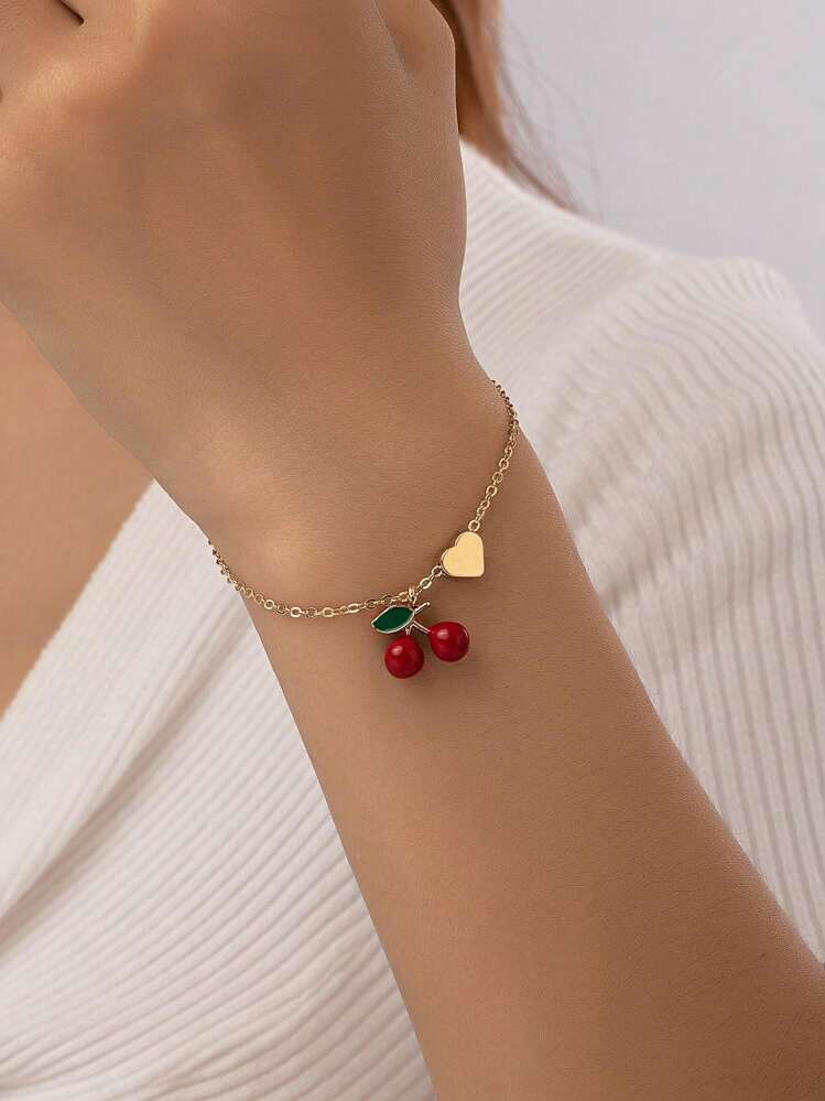 1pc Stylish Red Cherry Heart Shape Women's Everyday Wear Bracelet