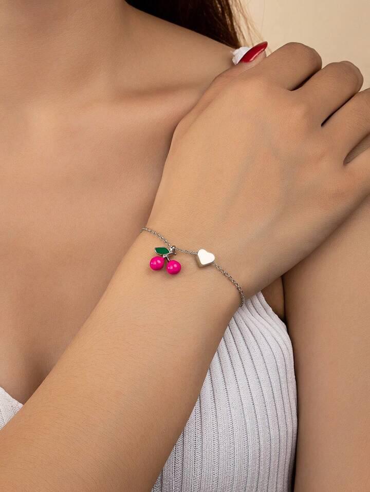 1pc Stylish Red Cherry Heart Shape Women's Everyday Wear Bracelet