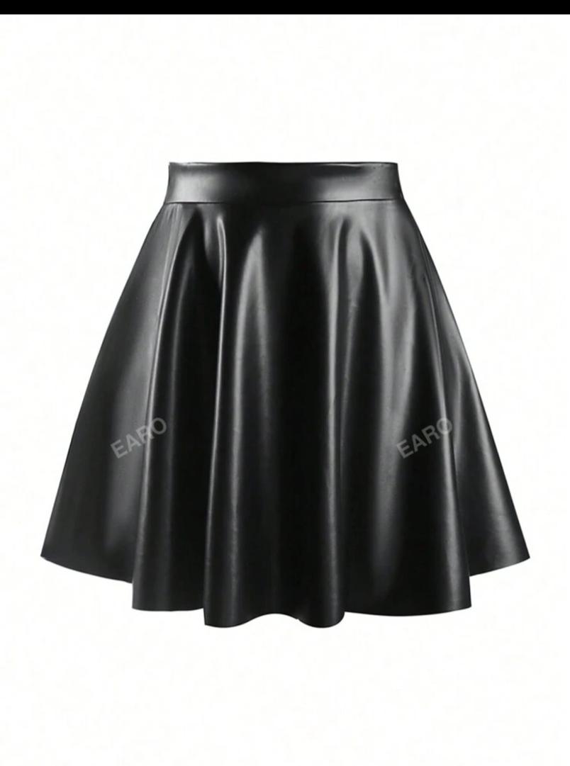 Solid PU Leather Flare Skirt